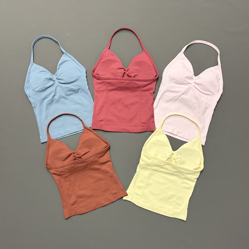 Yoga Strap Cotton - ジム女性用スポーツタンクトップ シームレス ホルターストラップ スパゲッティストラップ 取り外し可能なブラパッド付き 速乾性