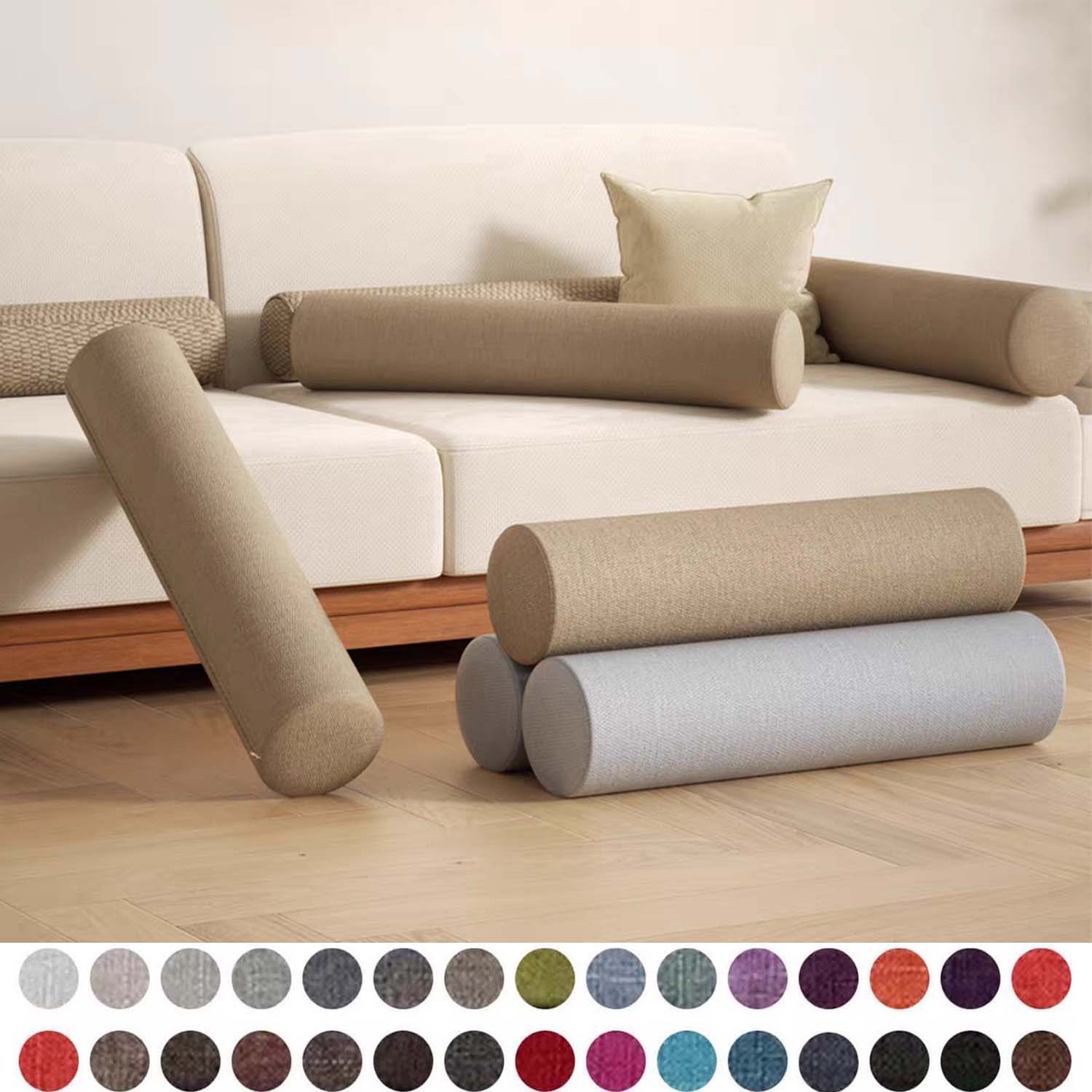 Bolster Cushion Round - 膝/脚/首用フォームロール枕、フルムーンボルスター/円筒形枕、横向きまたは仰向け寝用、取り外し可能な冷却カバー付き