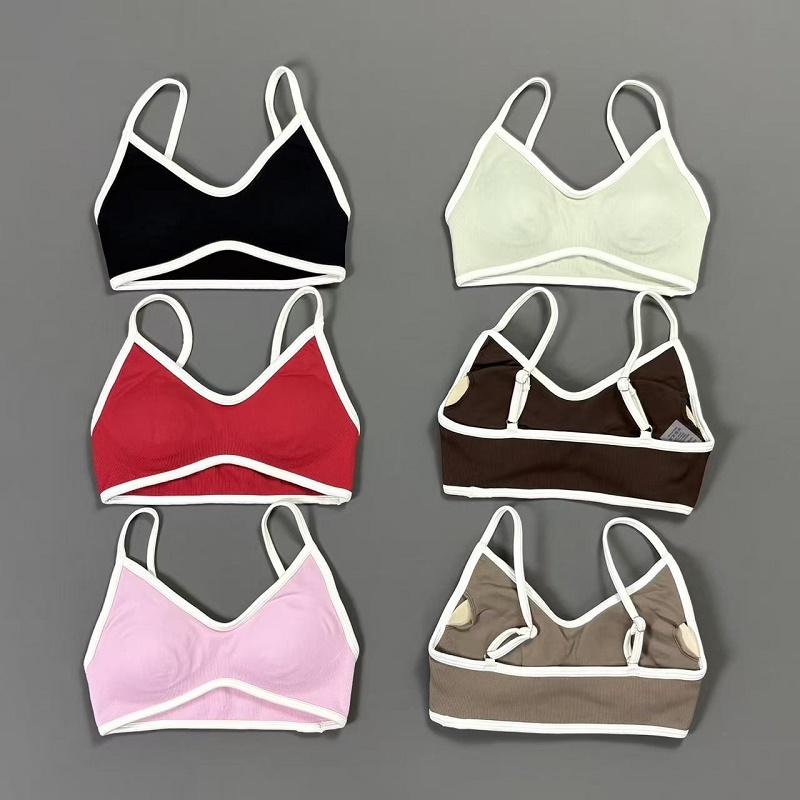 Yoga Strap Cotton - 女性用コントラストラインヨガブラ Vネック ホワイトエッジ 薄型ストラップ ワイヤーフリー パッド入りスポーツブラ