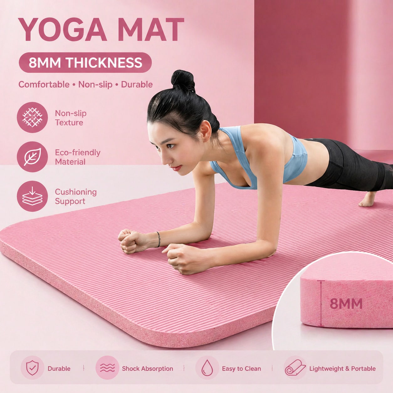 Pilates Yoga Mat Workout - 185*61CM ピンクの滑り止めヨガマットセット衝撃吸収快適エクササイズパッドポータブル軽量フィットネスアクセサリーヨガピラティスジムワークアウトホームデイリートレーニング用ローカル配送可能