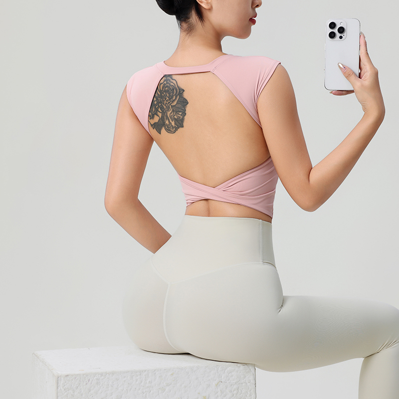 女性の背中の開いたフィットネス服固定胸パッド付き美しいトップ - Yoga Strap Cotton のレビューと価格