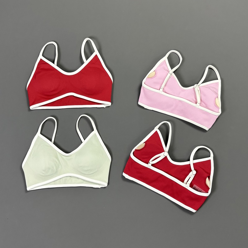 女性用コントラストラインヨガブラ Vネック ホワイトエッジ  - Yoga Strap Cotton のレビューと価格